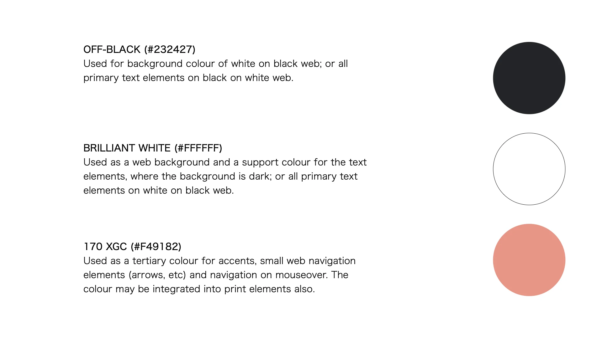 Brand colour palette – off-black, white, 170 XGC