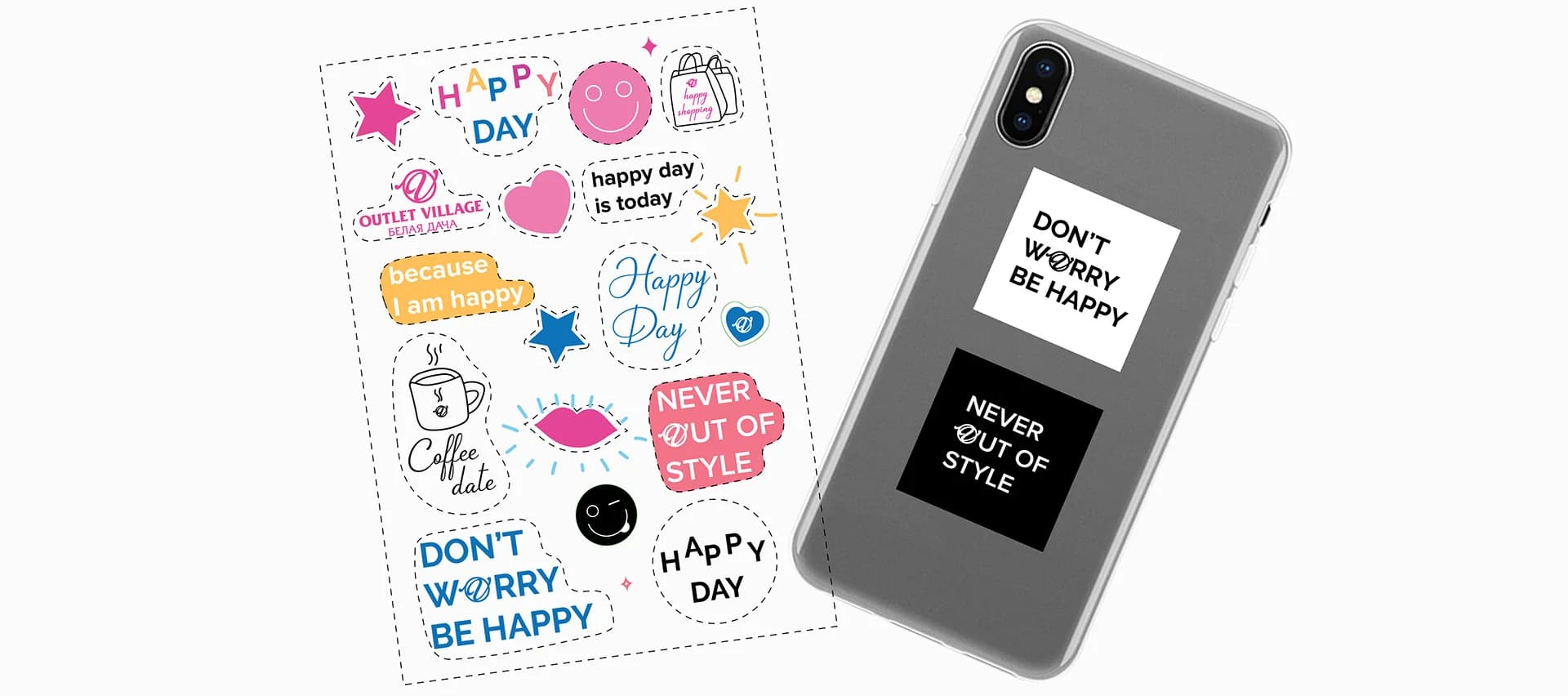 Happy Day sticker sheet and phone case mockup